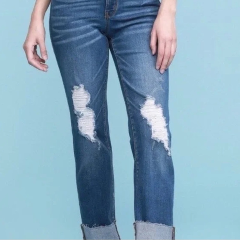 Judy Blue Straight Fit Mid Rise Destroyed Knee Raw Hem Rolled Cuff Trendy Jeans